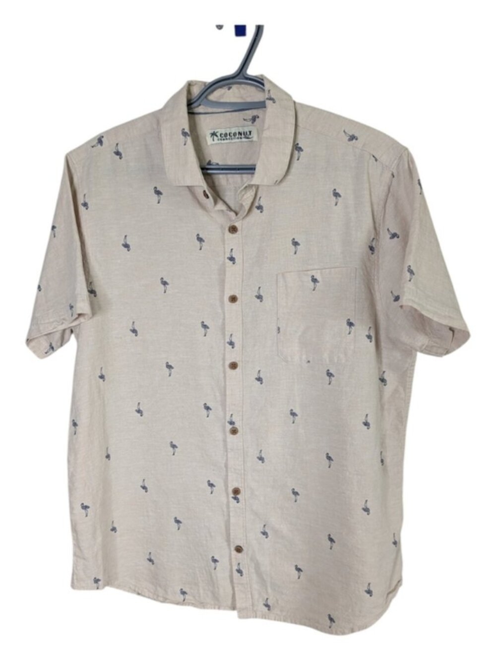 Coconut Connection Flamingo Print Linen Blend Beige Short Button Down Size Large
